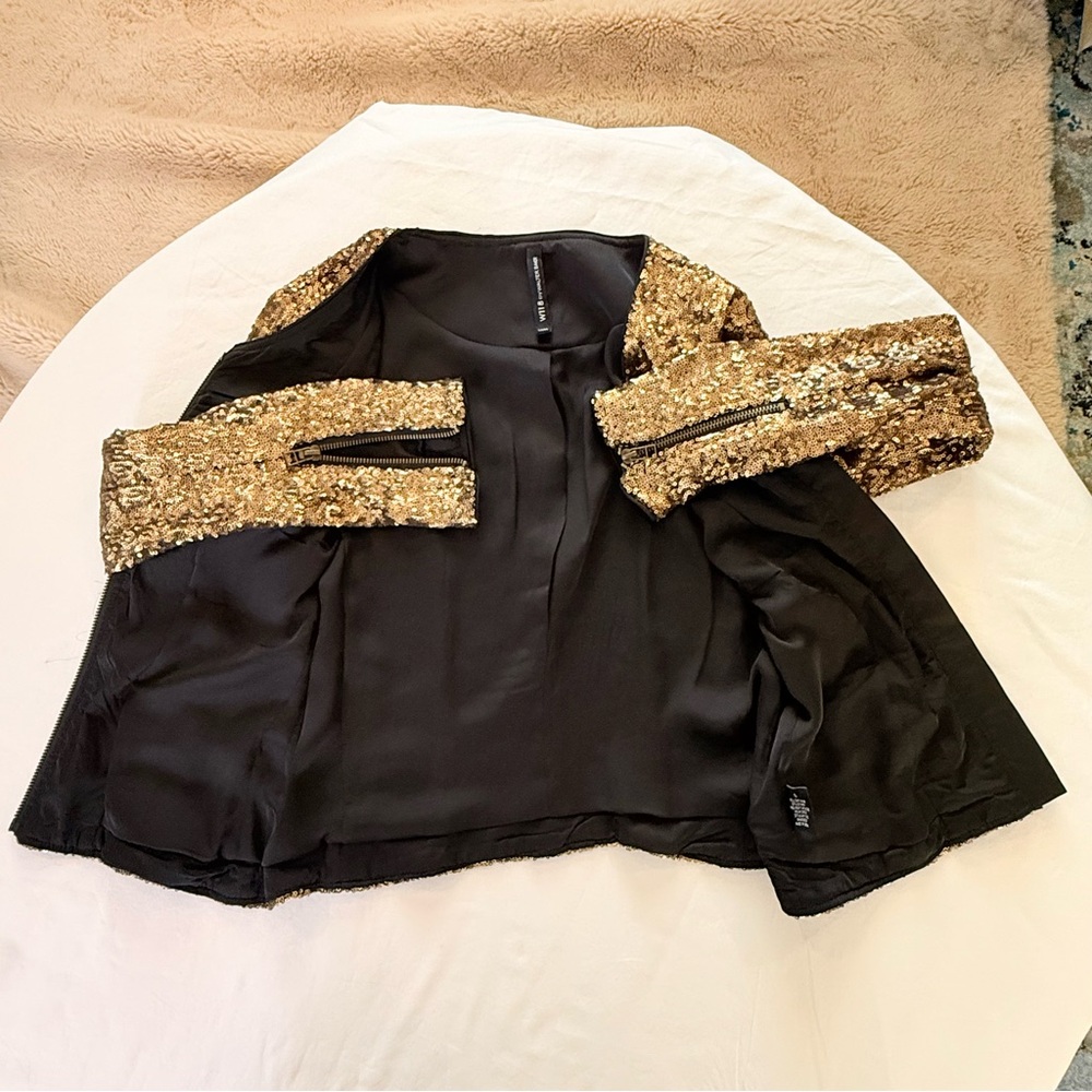 VINTAGE W118 by Walter Baker Gold/Bronze Sequin Zip Moto Jacket Size S Pristine - Picture 13 of 13